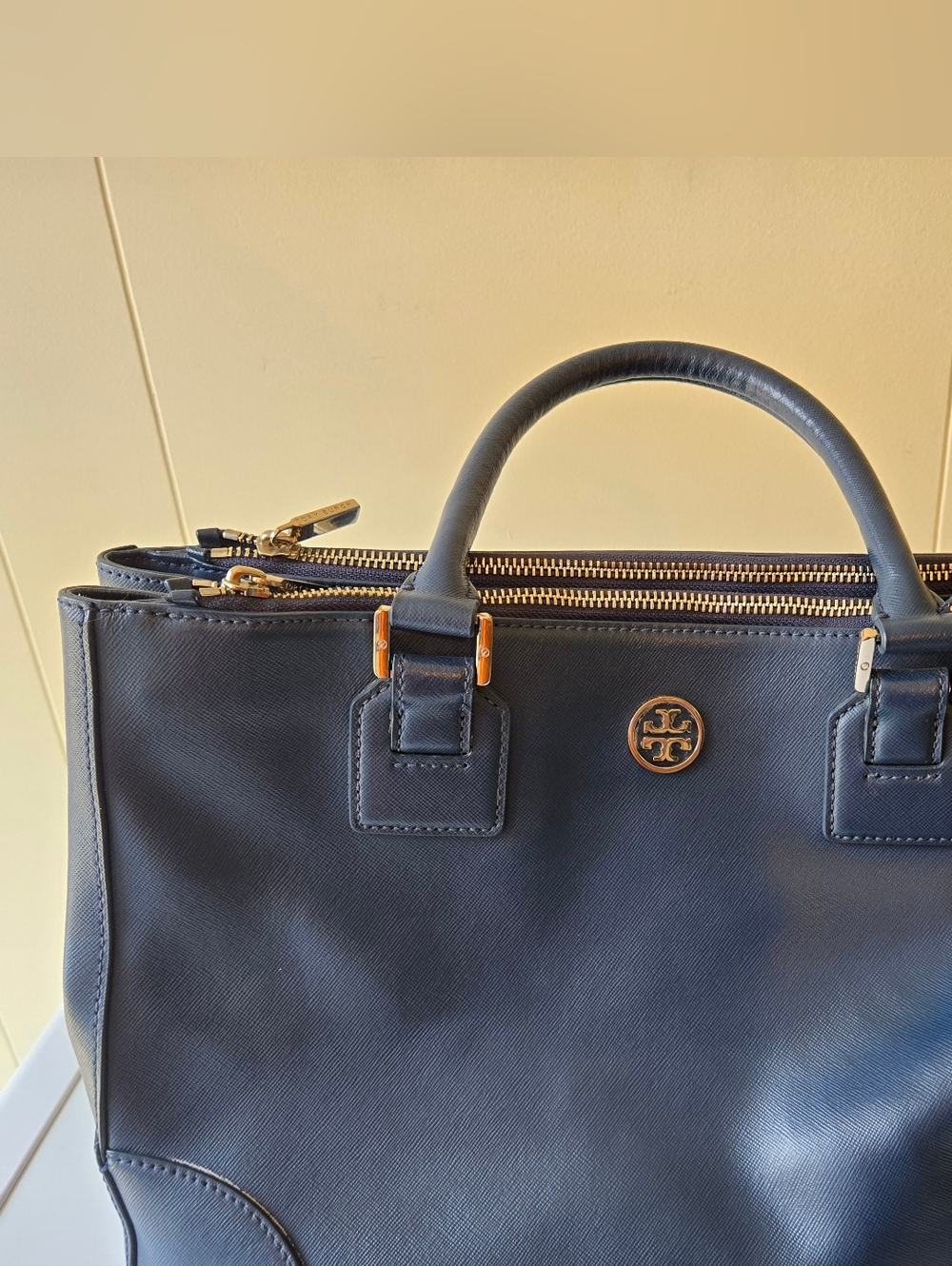 Tory Burch Navy Leather Tote with Silver Logo